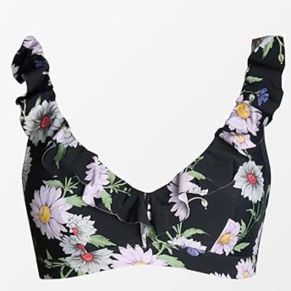 CUPSHE BLACK FLORAL RUFFLE TRIM V-NECK TOP & BLACK BIKINI BOTTOM SIZE MEDIUM NWT - Picture 4 of 9